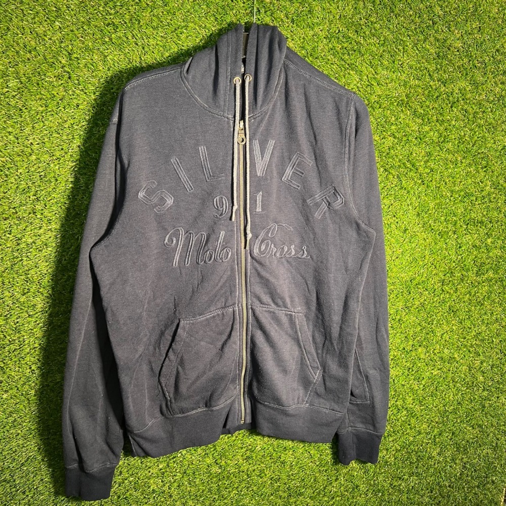 Silver Jeans Co Mens Moto Cross Full Zip Hoodie Black Embroidered‎ Size Large